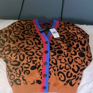 Lea & Viola Leopard Print Cardigan - Brown and Black with Pink and Blue Accents
